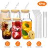 6Pcs Mason Jar Cups with Lid 16OZ Reusable Glass Beer Can with Bamboo Lids Glass Straws Cleaning Brush for Iced Coffee Smoothie Tea
