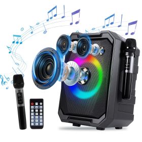 1Pc Portable Wireless Party Speaker With LED Light 2 Wireless Mics Remote Control TWS Music Accompany Mic. Priority Bass Echo Mic Treble Guitar In