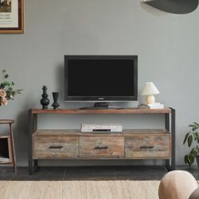 60 inch Reclaimed wood Media TV Console table with 3 Drarwer; Open Shelf; Antique finish