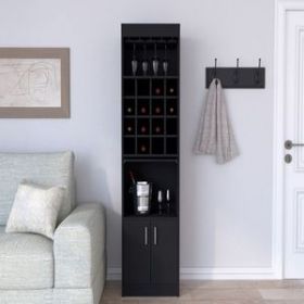 Corner Bar Cabinet Atanasio, 8 Wine Cubbies, Double Door, Black Wengue Finish