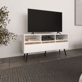 TV Stand, 3 Drawers, 3 Shelves, White / Natural Oak