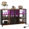 LED Wine Cabinet, Rustic Brown with Charging Station, Glass Holders & Open Shelves