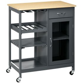 HOMCOM Gray Kitchen Island Cart, Rolling Utility Cart with Wine Rack, Shelves & Cabinet