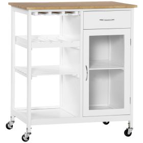 HOMCOM White Kitchen Island, Portable Rolling Utility Cart with Bamboo-Effect Top & Slatted Shelf