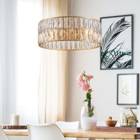 18" Golden Modern Crystal Drum Chandelier, 6-Light Pendant Lighting Fixture with Metal Frame for Living Room, Dining Room