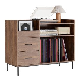 Record Player Stand with Adjustable Shelves, Holds 350+ Vinyls, Media Console with Speaker Shelf & 2 Drawers, 27.6" Turntable TV Stand for Living Room
