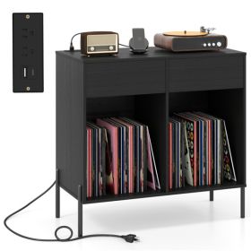 Record Player Storage Stand - Customizable Vinyl Compartments, Built-in Charging Station, Metal Legs & Floor-Protecting Pads