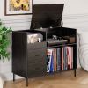 Record Player Stand with Power Outlet & Flip-Down Lid, Turntable Table with Storage for 300+ Vinyls, Black Wood Grain Media Console with 2 Drawers