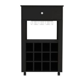 Ace Bar Cart,Twelve Built-in Wine Rack, Four Legs, One Open Shelf (Color: Black)