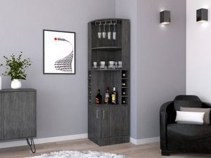 Egina Bar Cabinet, Eight Bottle Cubbies, Two Open Shelves, Double-Door Cabinet (Color: Smokey Oak)