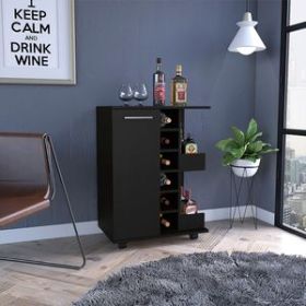 Magda Bar Cart, Four Casters, Six Built-in Wine Rack, Single Door Cabinet, Two External Shelves (Color: Black)