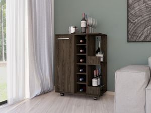Magda Bar Cart, Four Casters, Six Built-in Wine Rack, Single Door Cabinet, Two External Shelves (Color: Dark Walnut)