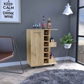 Magda Bar Cart, Four Casters, Six Built-in Wine Rack, Single Door Cabinet, Two External Shelves (Color: Light Gray)