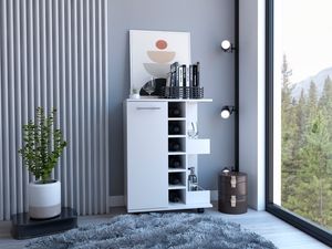 Magda Bar Cart, Four Casters, Six Built-in Wine Rack, Single Door Cabinet, Two External Shelves (Color: White)