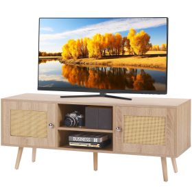 VEVOR Rattan TV Stand, Boho TV Cabinet for 55 inch TV, Mid Century Modern TV Stand, Rattan TV Console with Adjustable Shelfs for Living Room (Color: Oak, size: 47 inches)